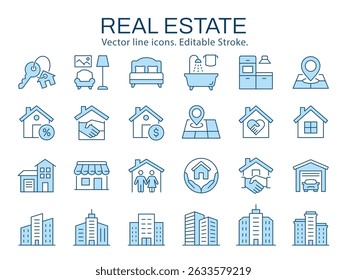 Real estate icons, such as home, house, building, property and more. Vector illustration isolated on white. Editable stroke.