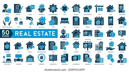 real estate icons vector house, estate document, rent signboard, sold, apartments, search, home protect icon