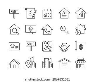 Real Estate Icons - Vector Line. Editable Stroke. Vector Graphic