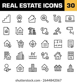 Real estate icons. Real estate vector set. Realtor sign. Home plan sign. House search line icon. Real estate line icon set.