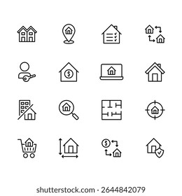 Real estate icons. Real estate vector set. Realtor sign. Home plan sign. House search line icon. Real estate line icon set.