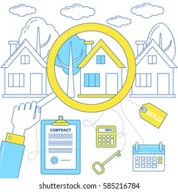 Real estate illustration. Buying or renting a house concept. Man holds magnifying glass to see the house