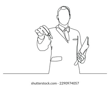 real estate illustration in one line style, Real estate lock icon. Success keys, solutions, opportunities and safety concept in doodle style.