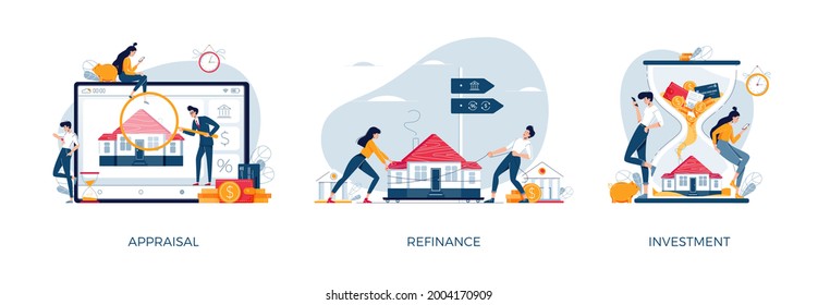Real estate illustration set. House appraisal, property investment, mortgage refinancing. Banking, mortgage, investment, refinance, real estate concept collection for web, banner design. Flat vector