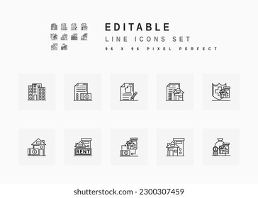 Real Estate Includes House Building, Contract, Agreement, Loan, Insurance, Investment and Mortgage. Line Icons Set. Editable Stroke Vector Stock. 96 x 96 Pixel Perfect.