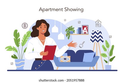 Real estate industry. Real estate agent presenting a house or apartment for sale. House showing, property selling or renting advert. Flat vector illustration