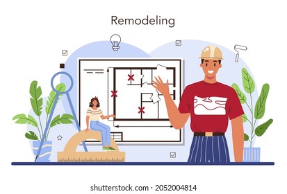 Real estate industry. House remodeling or redesign after the purchase. Property redeveloping, home repair service. Flat vector illustration