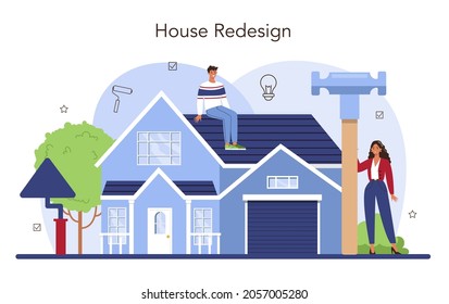 Industria inmobiliaria. remodelación o rediseño de la casa después de la compra. Reurbanización de propiedades, servicio de reparación del hogar. Ilustración vectorial plana