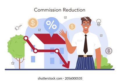 Real estate industry. Low comission for real estate agent work. Qualified real estate agent or broker service. Customer discount and loyalty program. Flat vector illustration