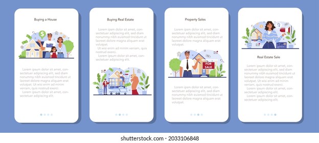 Banner de la aplicación móvil de la industria inmobiliaria. Compra y venta de propiedades. Asistencia de los médicos y ayuda en la selección de viviendas y desarrollo de contratos hipotecarios. Ilustración vectorial plana