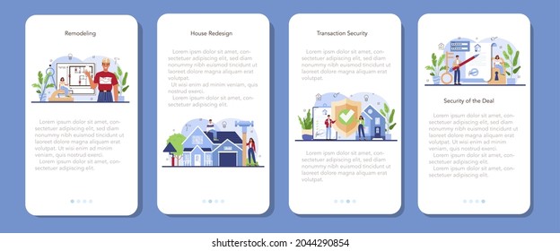 Real estate industry mobile application banner set. House remodeling or redesign after the purchase. Home repair service. Safe property purchase deal, transaction security. Flat vector illustration