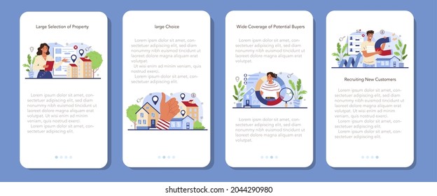 Real estate industry mobile application banner set. Idea of wide selection of house for sale and rent. Realtor assistance and help in property mortgage. Vector illustration