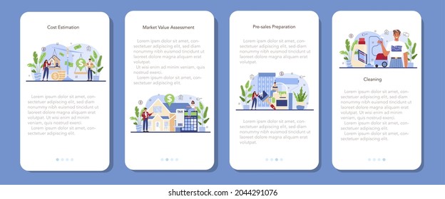 Real estate industry mobile application banner set. Realtor assistance and help in property cost assessment. House pre-sale preparation and estimation. Flat vector illustration