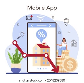 Real estate industry online service or platform. Low comission for qualified real estate agent service. Mobile app. Flat vector illustration