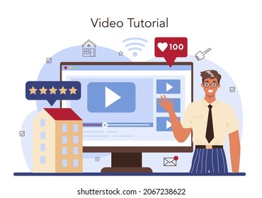 Real estate industry online service or platform. Positive feedback from customers. Discount and loyalty program. Video tutorial. Flat vector illustration