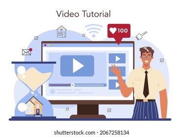 Real estate industry online service or platform. Qualified real estate agent helps a customer to save time and money. Video tutorial. Vector illustration