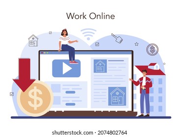Real estate industry online service or platform. Low comission for qualified real estate agent service. Online work. Flat vector illustration