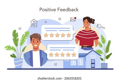 Real estate industry. Positive feedback from customers. Discount and loyalty program. Realtor assistance in property buying. Qualified real estate agent or broker concept. Flat vector illustration