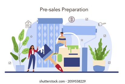Real estate industry. Pre-sale preparation of an appartment or house. Finishing works and cleaning. Final interior decoration. Flat vector illustration