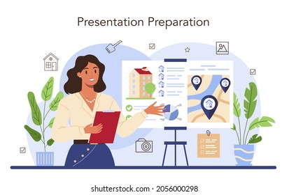 Real estate industry. Property selling presentation. Real estate agent showing options of houses and apartments. Flat vector illustration