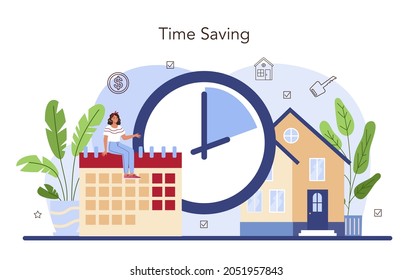 Real estate industry. Qualified real estate agent or broker helps a customer to save time and money. Real estate searching, market analysis. Flat vector illustration