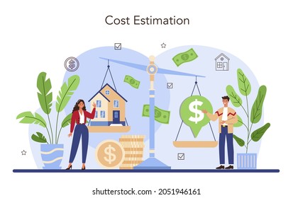 Real estate industry. Realtor assistance and help in property cost assessment. House pre-sale preparation and estimation. Flat vector illustration