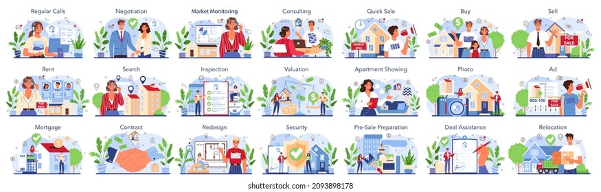 Real estate industry or realtor concept set. Realtor assistance and help in mortgage contract. Real estate market analysis searching, inspection, redesign. Investing project. Vector illustration