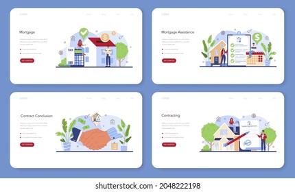 Real estate industry or realtor web banner or landing page set. Realtor assistance and help in mortgage contract. Property loan and credit. Finance investment in real estate. Flat vector illustration