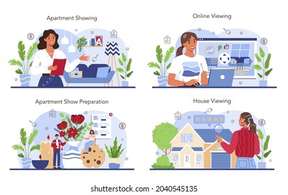 Real estate industry set. Real estate agent presenting a house or apartment for sale. House showing, property selling or renting advert. Flat vector illustration