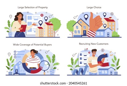 Real estate industry set. Idea of wide selection of house for sale and rent. Realtor assistance and help in property mortgage. Qualified real estate agent or broker concept. Vector illustration