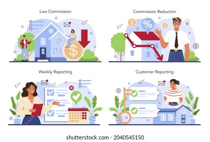 Real estate industry set. Low comission for real estate agent work. Qualified real estate agent or broker service. Customer discount and loyalty program. Flat vector illustration