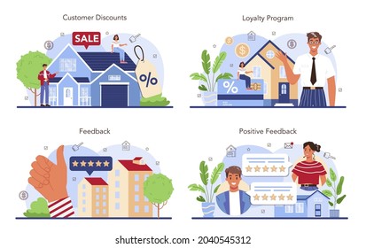 Real estate industry set. Positive feedback from customers. Discount and loyalty program. Realtor assistance in property buying. Qualified real estate agent or broker concept. Flat vector illustration