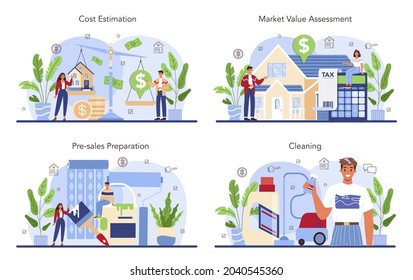 Real estate industry set. Realtor assistance and help in property cost assessment. House pre-sale preparation and estimation. Flat vector illustration