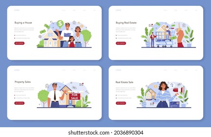 Real estate industry web banner or landing page set. Property buying and selling. Realtor assistance and help in house selection and mortgage contract development. Flat vector illustration