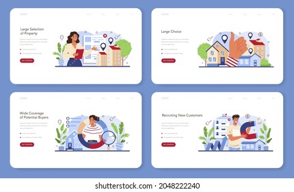 Real Estate Industry Web Banner Or Landing Page Set. Idea Of Wide Selection Of House For Sale And Rent. Realtor Assistance And Help In Property Mortgage. Vector Illustration