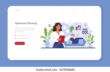 Real estate industry web banner or landing page. Real estate agent presenting a house or apartment for sale. House showing, property selling or renting advert. Flat vector illustration