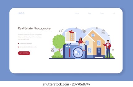 Real estate industry web banner or landing page. House presentation photography. Property photos for realtors and advertisement Flat vector illustration