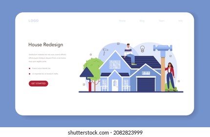 Real estate industry web banner or landing page. House remodeling or redesign after the purchase. Property redeveloping, home repair service. Flat vector illustration