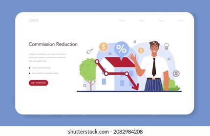 Real estate industry web banner or landing page. Low comission for real estate agent work. Qualified real estate agent or broker service. Customer loyalty program. Flat vector illustration