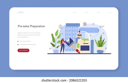 Real estate industry web banner or landing page set. Pre-sale preparation of an appartment or house. Finishing works and cleaning. Final interior decoration. Flat vector illustration