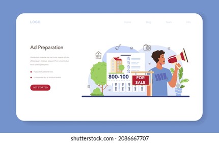 Real estate industry web banner or landing page. Property selling advertising, apartment rent advert. Realtor promoting a house for sale. Flat vector illustration