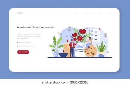Real estate industry web banner or landing page. Real estate agent presenting a house or apartment for sale. House showing, property selling or renting advert. Flat vector illustration