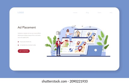 Real estate industry web banner or landing page. Property selling advertising, apartment rent advert. Realtor promoting a house for sale. Flat vector illustration