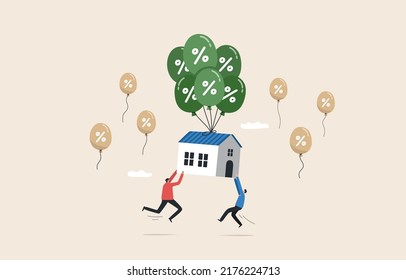 Real estate inflation.  Effect of inflation on housing prices. Real estate market that varies according to economic conditions. The young man tried to keep the house from floating with balloons.