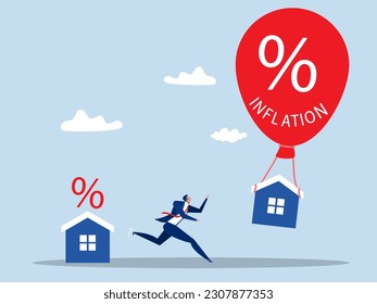 Real estate inflation,Businessman running to prevent inflation from Rising house prices house floats in  balloon vector 