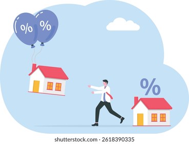 Real estate inflation,Businessman running to prevent inflation from Rising house prices house floats in balloon vector

