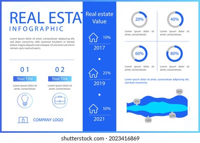 Real estate infographic design template. Rent, sale building, house service graphic. Business infographic graph, mortgage diagram construction. Architecture property presentation. Vector illustration
