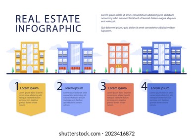 Real estate infographic design template. Rent, sale building, house service graphic. Business infographic graph, mortgage diagram construction. Architecture property presentation. Vector illustration