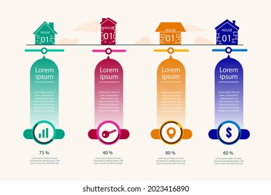 Real estate infographic design template. Rent, sale building, house service graphic. Business infographic graph, mortgage diagram construction. Architecture property presentation. Vector illustration