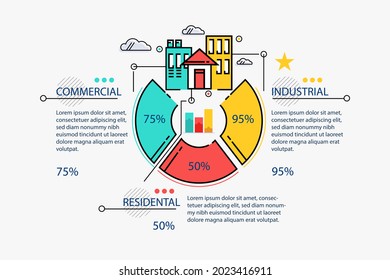 Real estate infographic design template. Rent, sale building, house service graphic. Business infographic graph, mortgage diagram construction. Architecture property presentation. Vector illustration